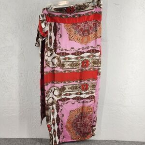 Aakaa Pink Red Scarf Print Satin Faux Wrap Midi Skirt Baroque Womens L